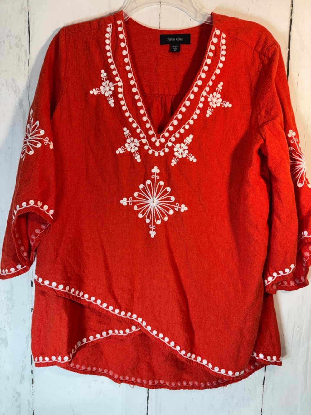 Karen Kane MP Bright Orange (red orange) Embroidered V-Neck Tunic